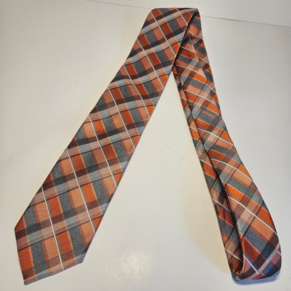 George Mens Plaid Necktie Orange Grey‎ White Textured Career Formal Tie